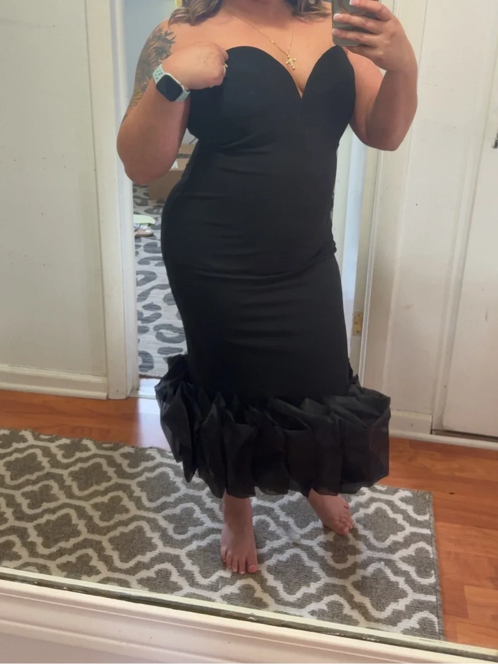 Strapless Sweetheart Black Midi Dress with Ruffle Hem - Picture 2 of 3